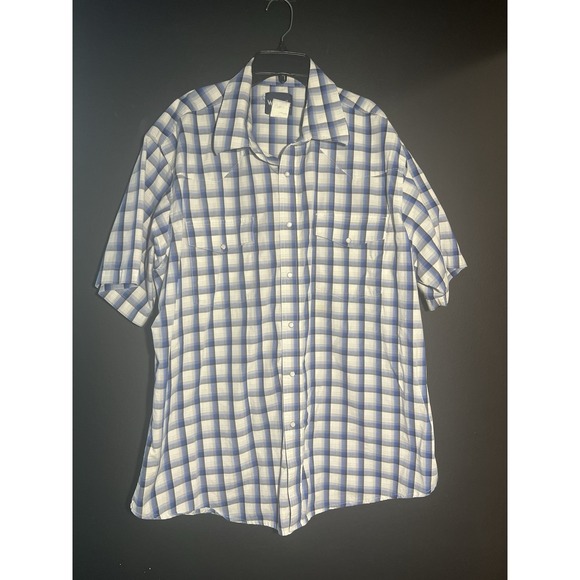Wrangler Other - Wrangler Pearl Snap Shirt Men's XXL‎ Blue Plaid Western Short Sleeve Cotton Top